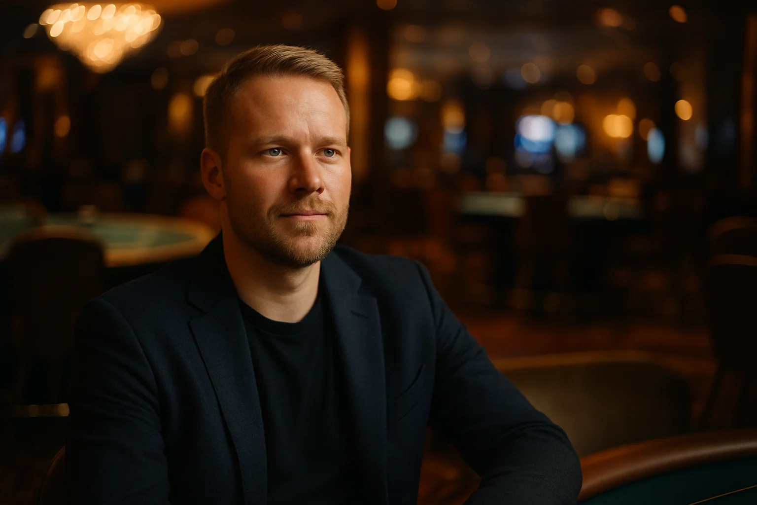 Suomalainen mies kasinoloungessa istuu rennosti pöydän ääressä, tausta sumea