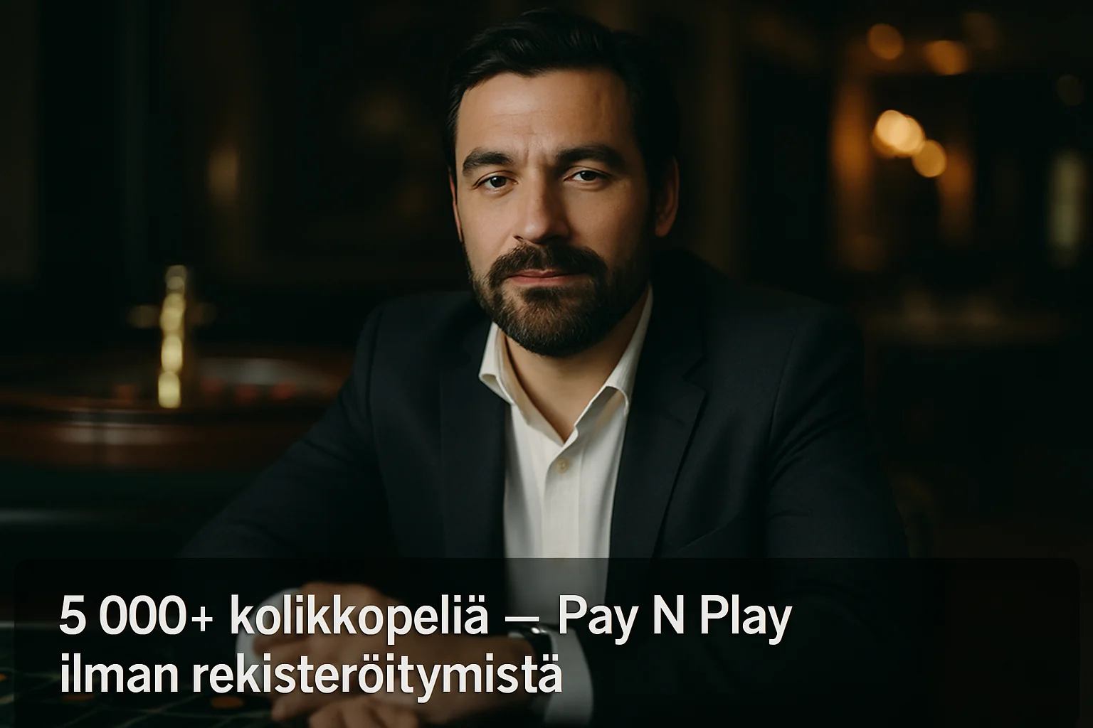 Parrakas suomalainen mies kasinopöydässä, taustalla sumea ruletti ja valot