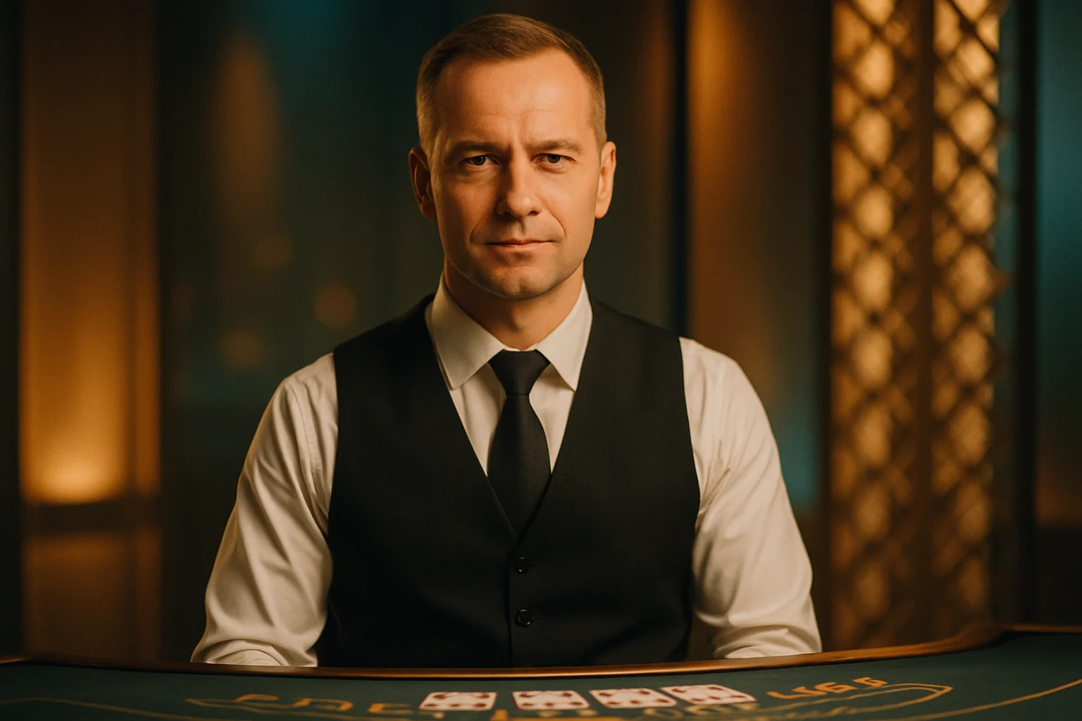 Ammattimainen suomalainen blackjack-jakaja luksusstudiossa, lämmin amber-teal valaistus