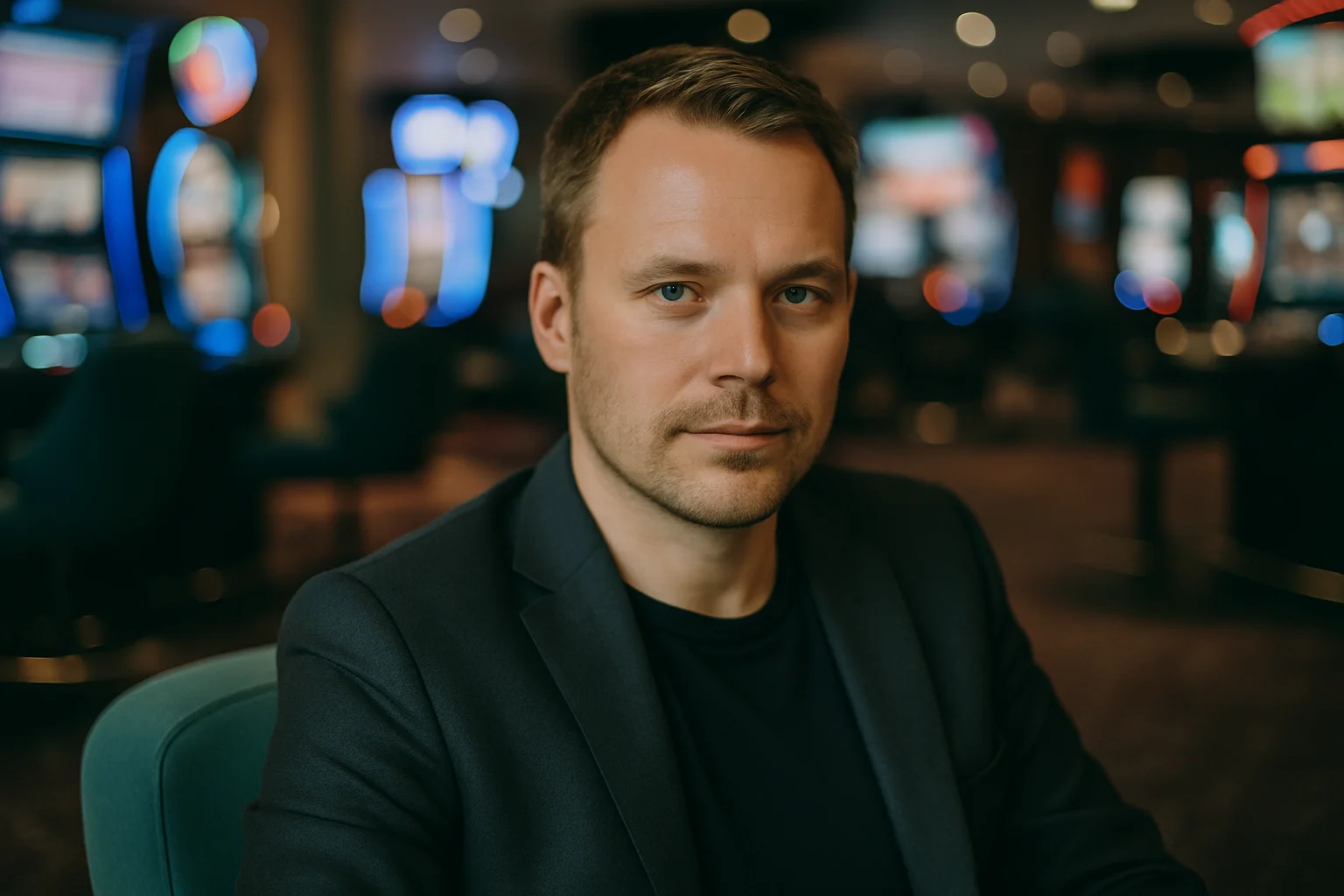 Suomalainen mies kasinoloungessa, tumma bleiseri, rauhallinen itsevarma ilme