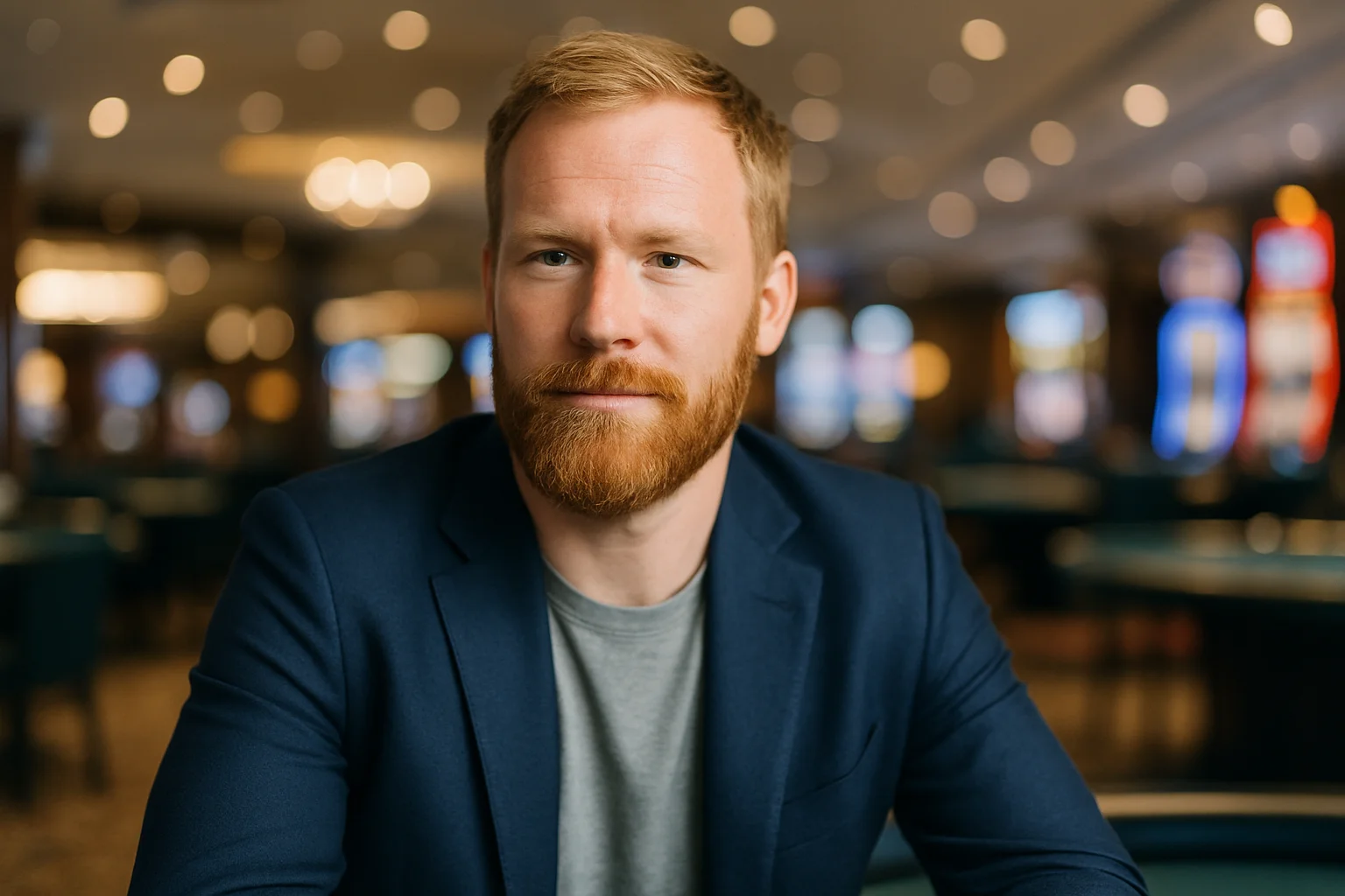 Punapartainen suomalainen mies istuu rennosti kasinon loungepöydässä