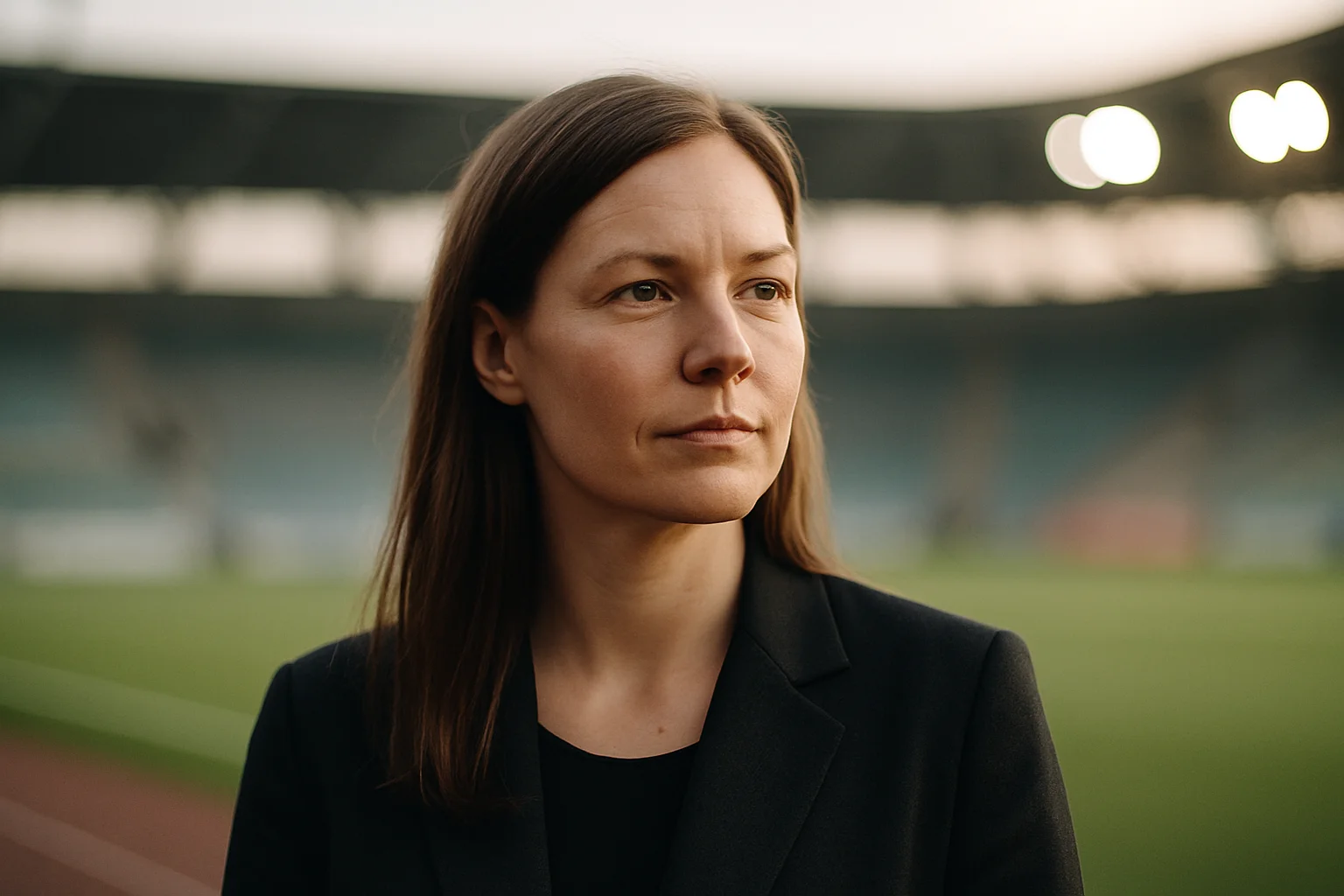 Suomalainen nainen tummassa bleiserissä jalkapallostadionin edustalla, tausta sumea